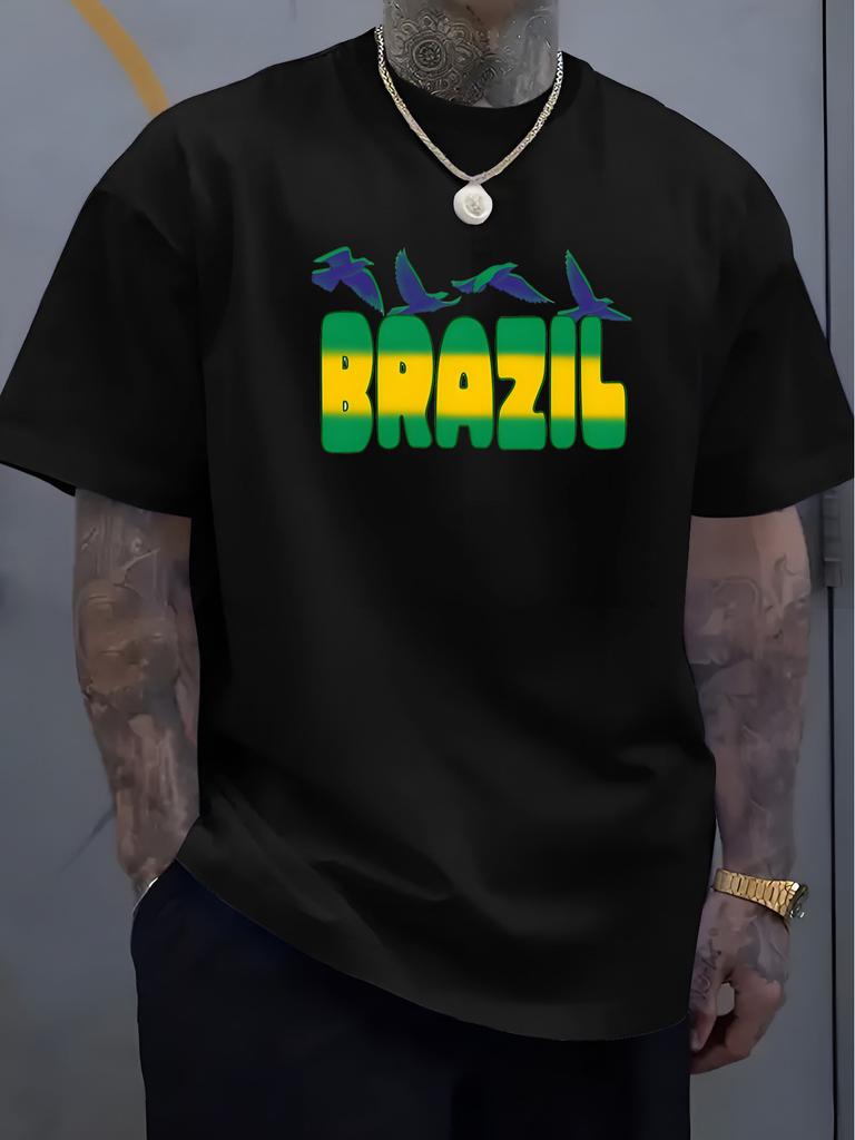 Unisex Brazil Flag Tone Text With Birds Art Pattern Crew Neck Short Sleeve Oversized Loose Casual Daily Summer Streetwear Basic Tee