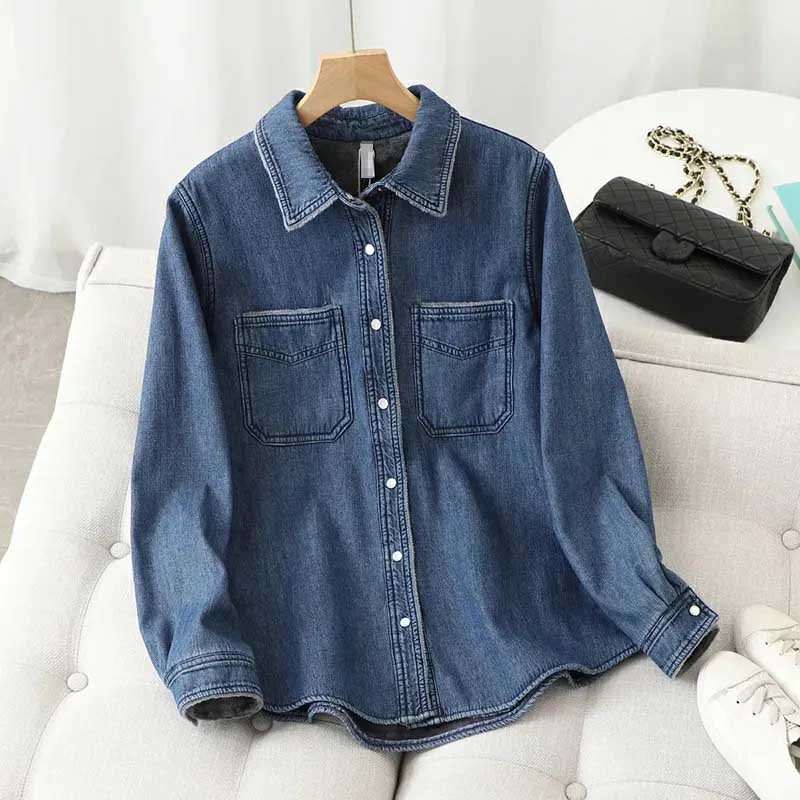 Denim Jacket Shirt Cotton Women Winter Padded Warm Double Layer Vintage Padded Warm Jacket
