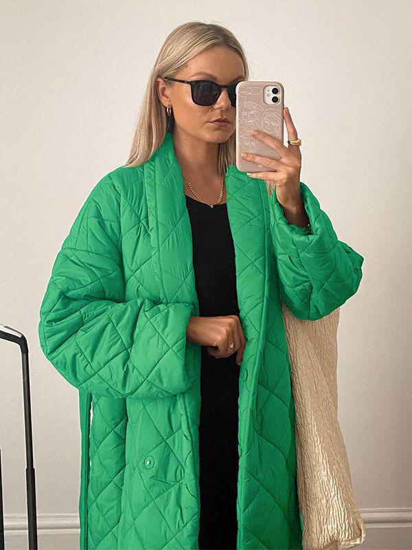 2023 Europejska i Amerykańska Zielona Kurtka Watowana z Bawełny: Jesień/Zima, Wiązane, Kieszenie, Casualowa i Wszechstronna Odzież Wierzchnia