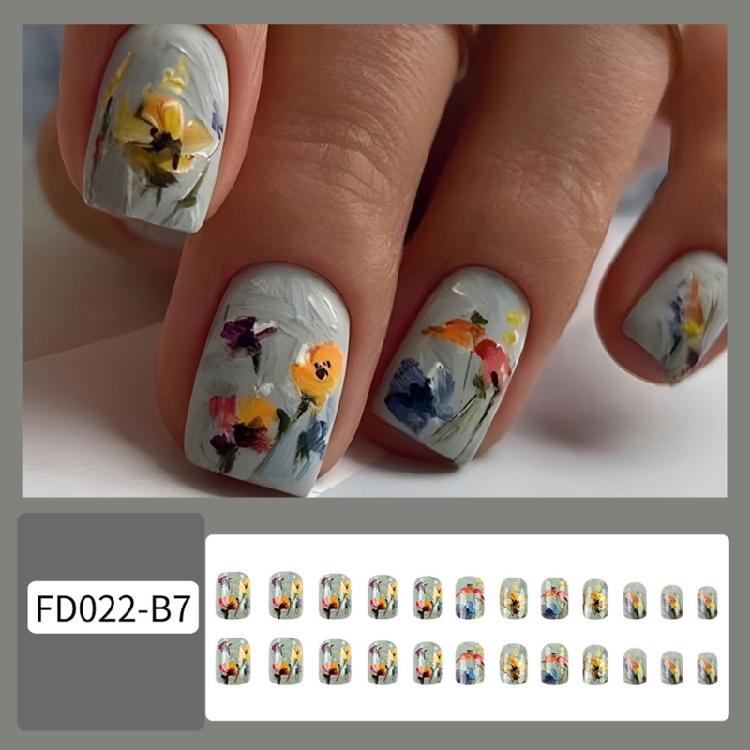 24 Stück Kurze quadratische Aufklebenägel 3D-Blumen Vollabdeckung Falsche Nägel Frühling Press-On Nägel Maniküre Zubehör für Frauen