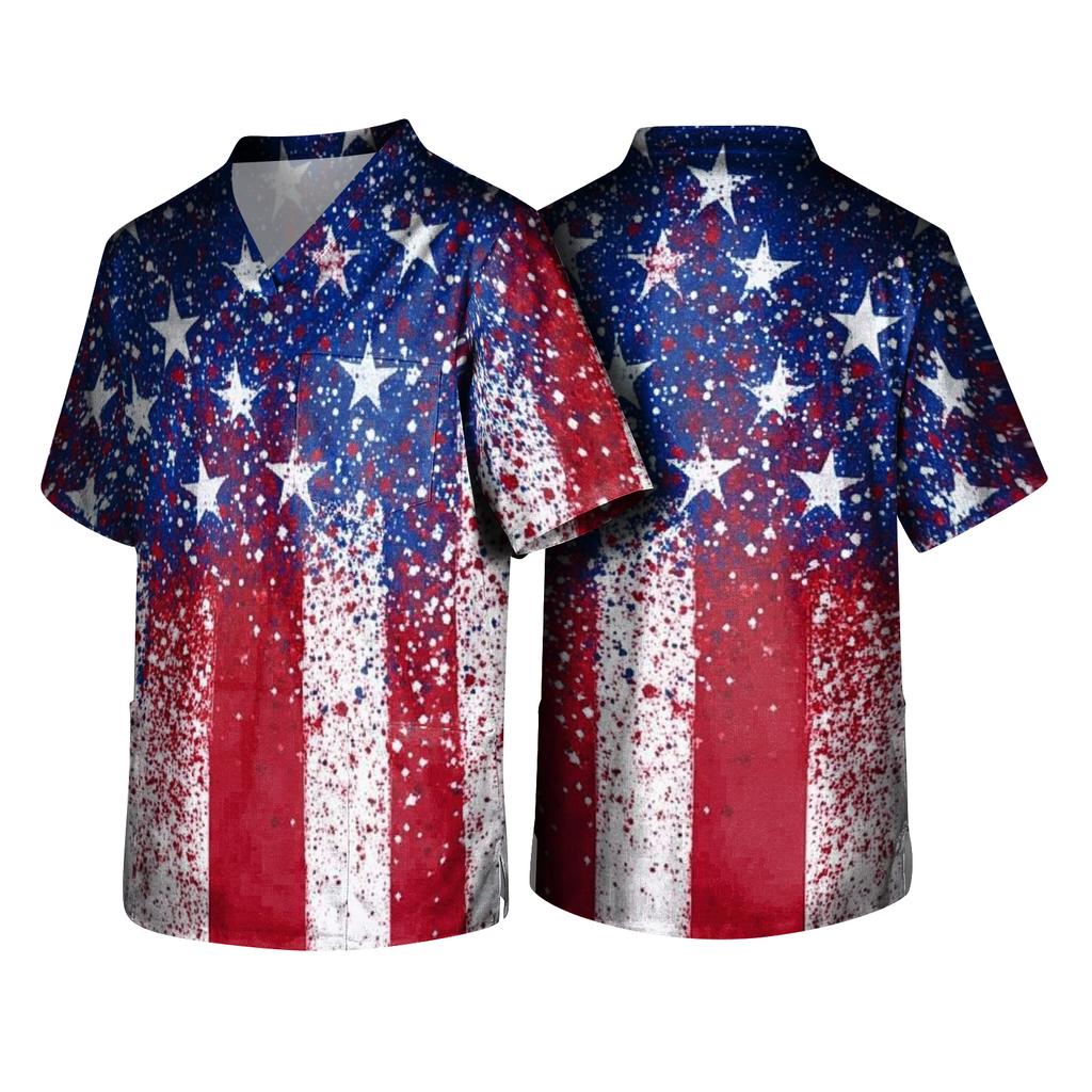 Top de Uniforme Médico para Hombre con Cuello en V, Manga Corta, Bolsillo en el Pecho y Estampado Adecuado para Profesionales de la Salud y Cuidadores
