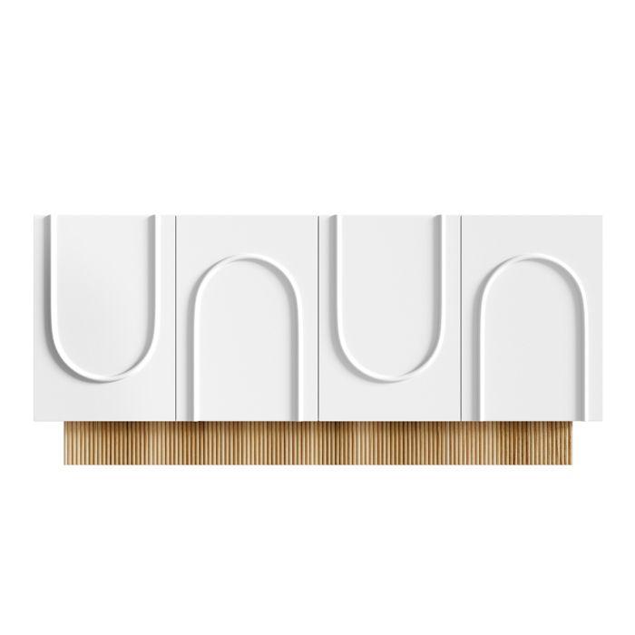Buffet moderne - MODERNLUXE - 160x38x75 cm - 4 portes - Structure en U - Design en relief - Panneaux de particules - Blanc+naturel