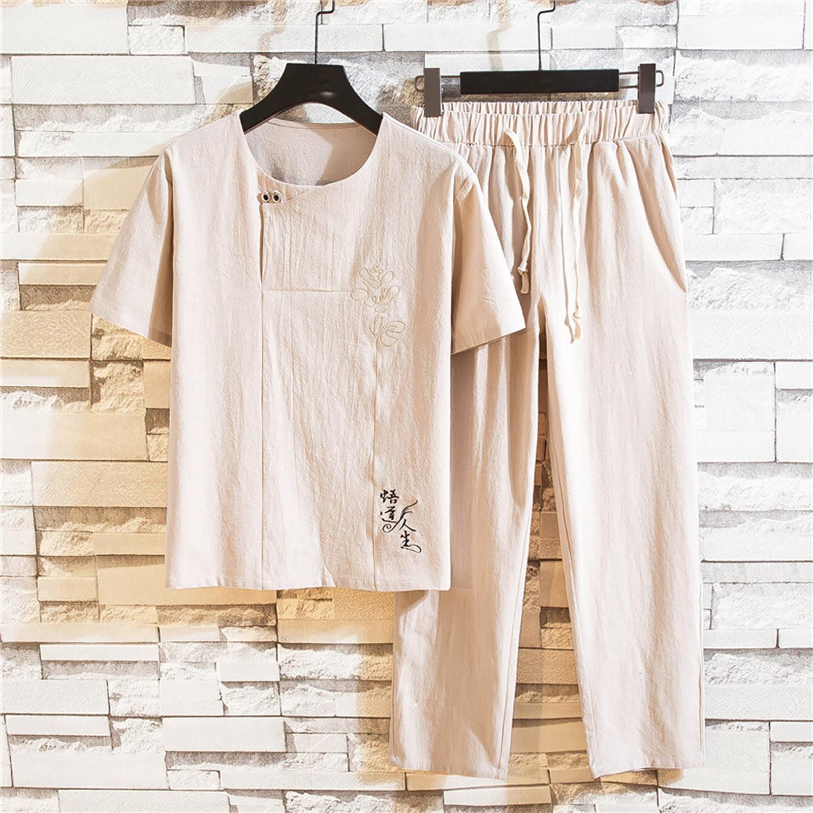 

Men Summer New Cotton And Hemp Short Sleeve Long Pants Fashion Comfortable Suit XL хакі
