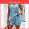 Vneck Button Loose Vest Sleeveless Solid Color Casual Two Piece Set Summer Outfit