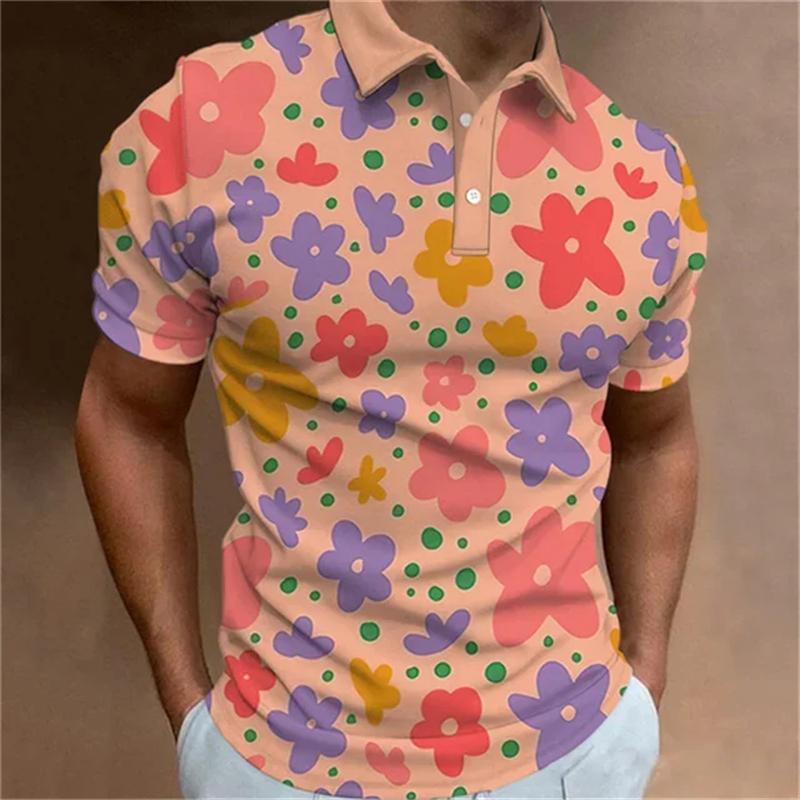 Fashionable men's polo shirt 3D printed flower pattern button lapel short sleeved top