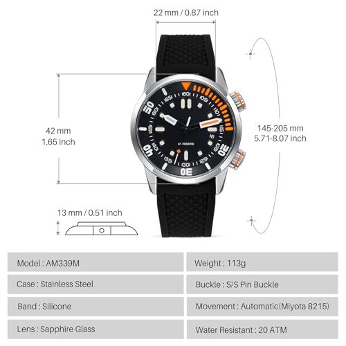 BERNY Mens Watch Mechanical Automatic Diving 20ATM Water Resistant Sapphire Glass Comfortable Silicone Band Ultra High Brightness Luminous Manual