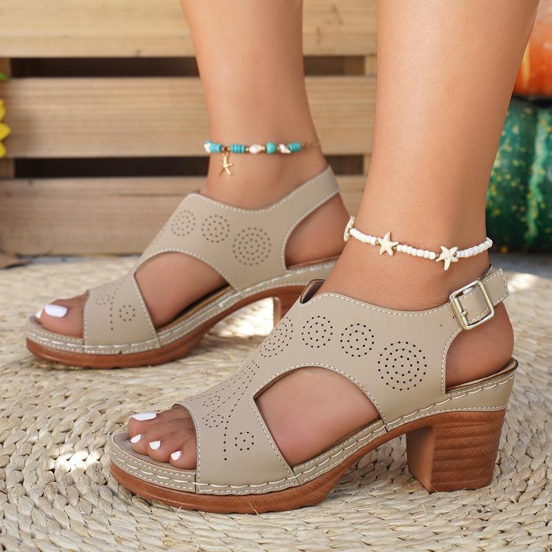 Platform Block Heel Sandals Women's Summer New Round Toe Open Toe Cutout Metal One Buckle Non-Slip Plus Size Pumps