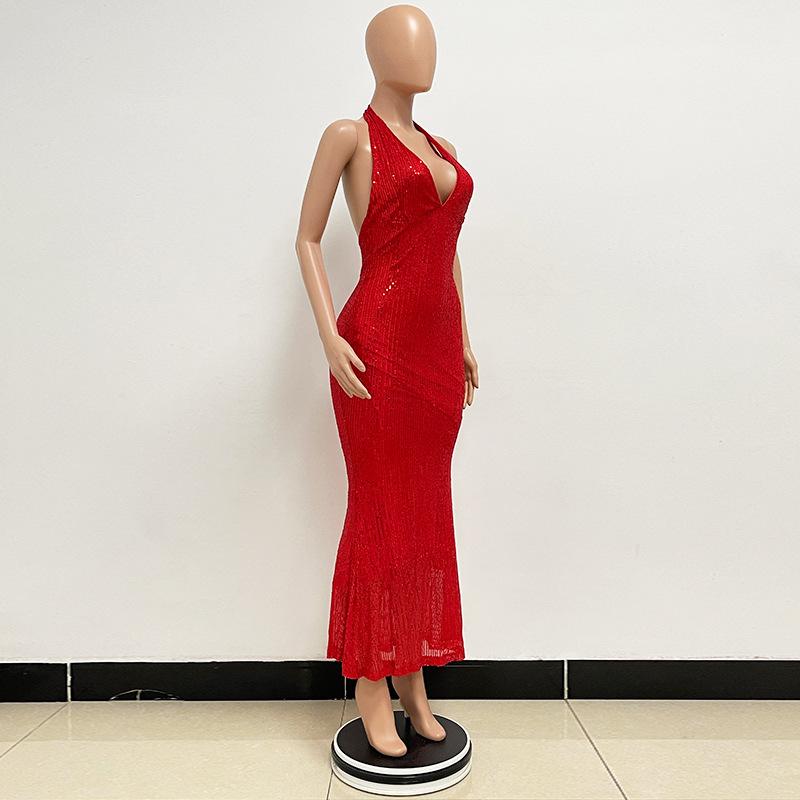 Women's Haute Couture Deep V Halter Halter Gown Dress Long Sequin Fishtail Dress