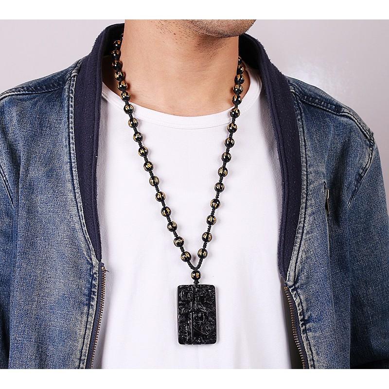 Natural Obsidian Guan Yu Pendant Necklace Men Hand-Carved Black Stone Amulet With Dragon Motif Chinese Cultural Style