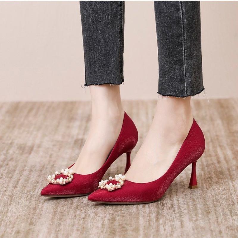 High Heel Women's Shoes Pearl Rhinestone Pointed Toe Ladies Pumps On Sale Korean Style Chic Point 2025 Trend Wedding Bride Shoe