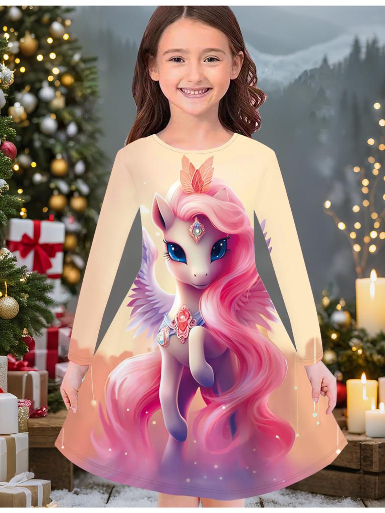 Vestido de Moda Outono e Inverno para Meninas, Vestido Camiseta Longo Infantil com Estampa de Unicórnio 3D, Casual Versátil, Roupa de Natal
