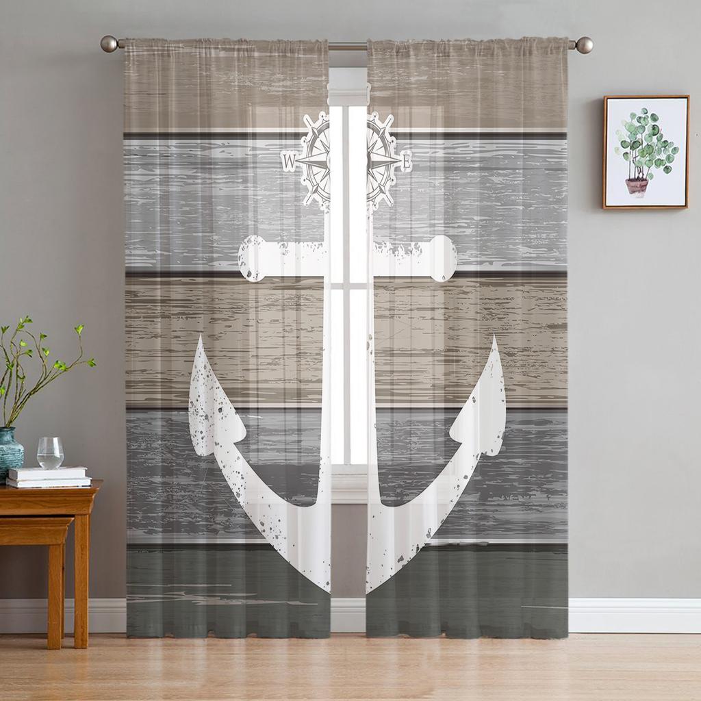 Vintage Farm Barn Wood Grain Boat Anchor Sheer Curtains for Living Room Modern Bedroom Voile Tulle Curtain Window Drapes