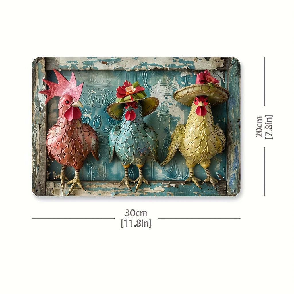Rustic Farmhouse Vintage Metal Chicken Tin Sign, Decorative Wall Art for Home and Garage, Indoor Outdoor Hanging Decor