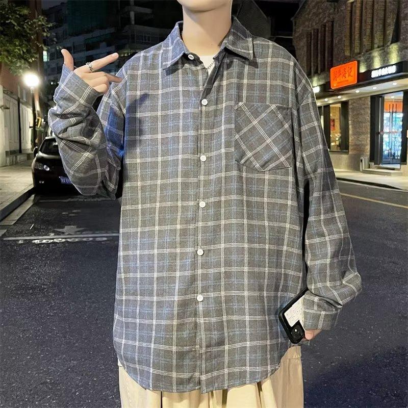 Autumn Shirt Men'S Korean Style Trendy Loose Checkered Shirt Jacket Long Sleeved Top