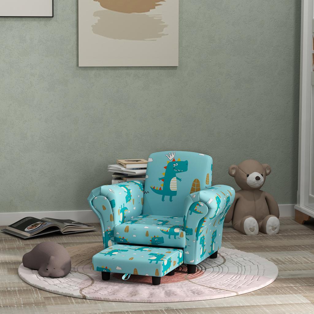 2 Piece Kids Sofa Set with Dinosaur Design, Wooden Frame, for 1.5-3 Years Old, Blue