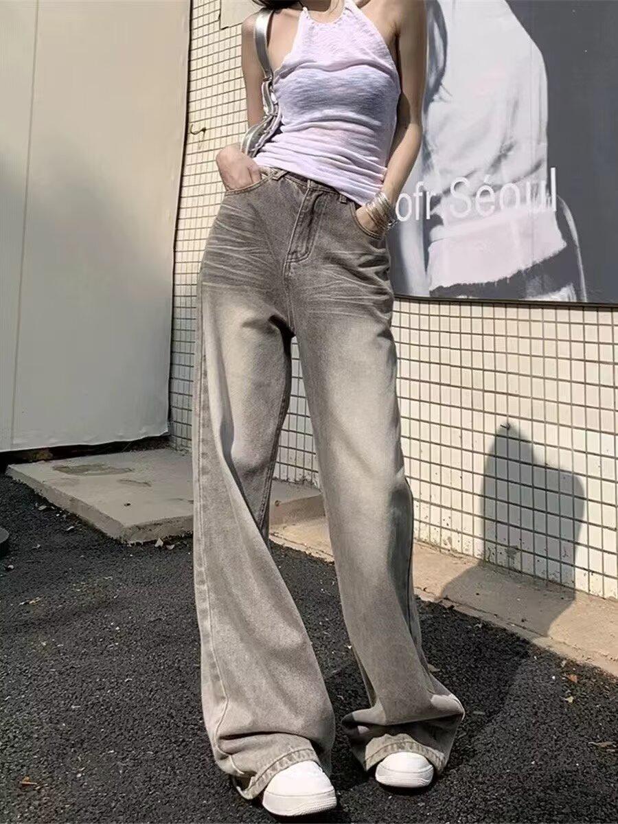 

Серые ретро джинсы с высокой талией и широкими штанинами для женщин - 2024 Мокко-серые стройнящие брюки в пол 4XL серый