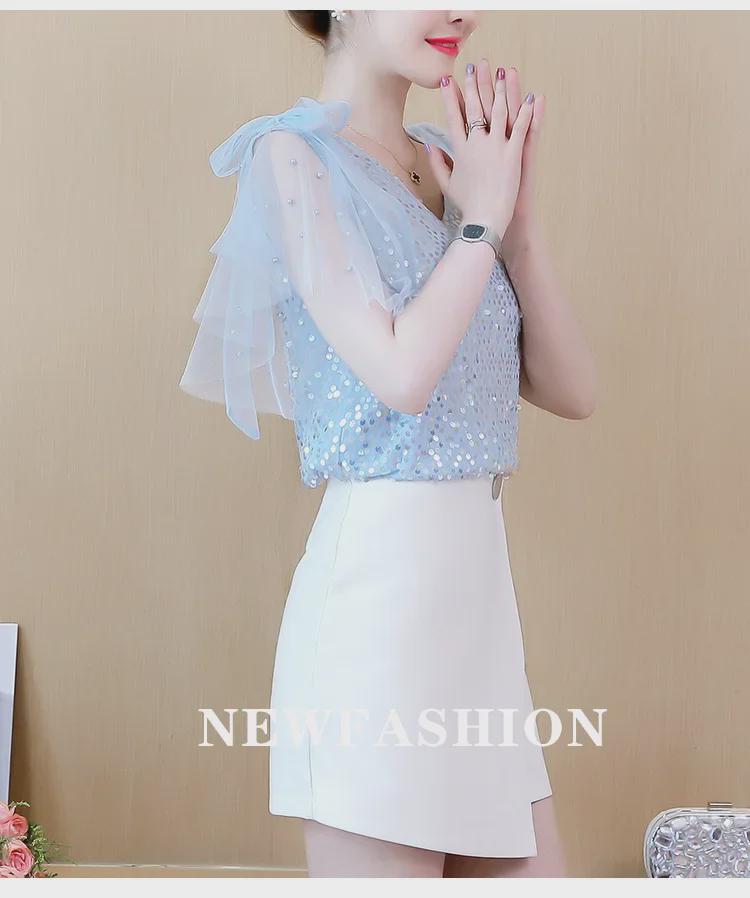 Women's Short Sleeve Sequined Chiffon V-Neck Shirt - Elegant, Fashionable, Loose Fit Top for Mature, Fairy-Inspired Summer Style