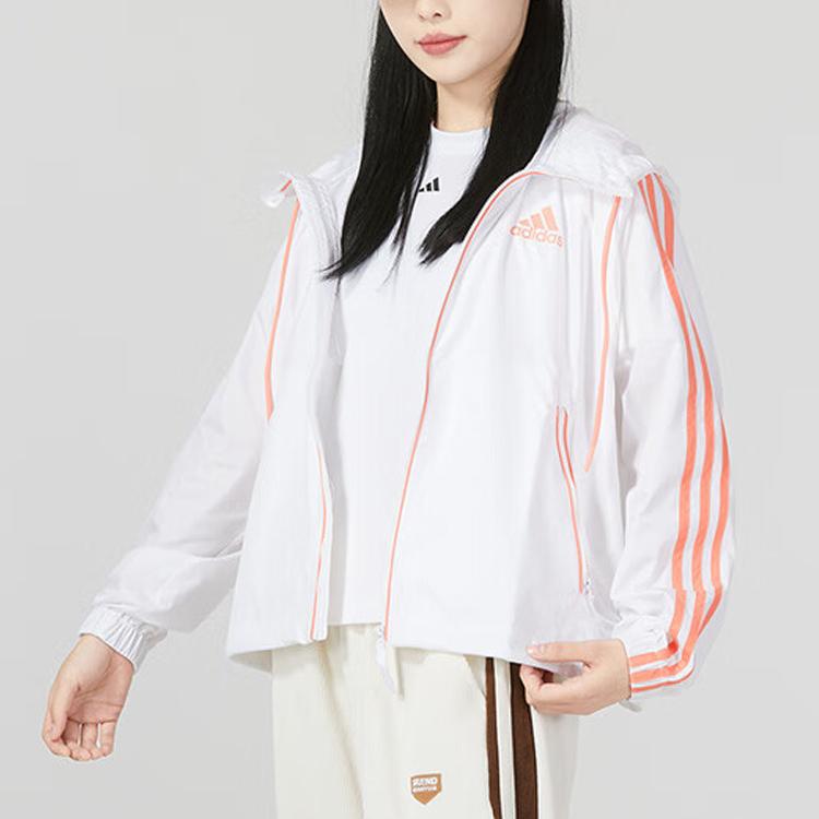 Adidas Striped Colorblock Drawstring Hooded Jacket Women Outerwear White HT8752