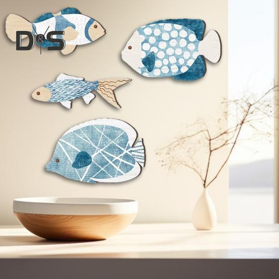Lot de 4 décorations suspendues en forme de poisson, bords lisses, sans bavures, ornements décoratifs en bois