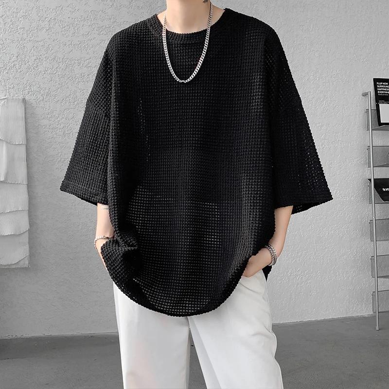 Herren Übergroßes Graues Waffelstrick Rundhals Kurzarm T-Shirt