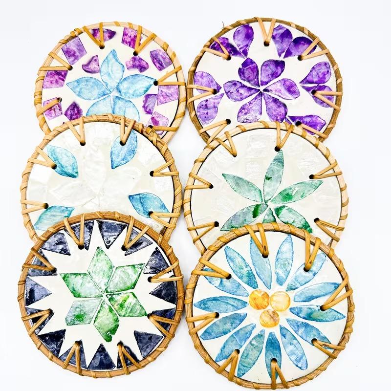 

6pcs Handmade Resin Coasters Set Heat-Resistant Table Protectors with Shell Mosaic Leaf/Round Patterns Boho Coaster Party Decor