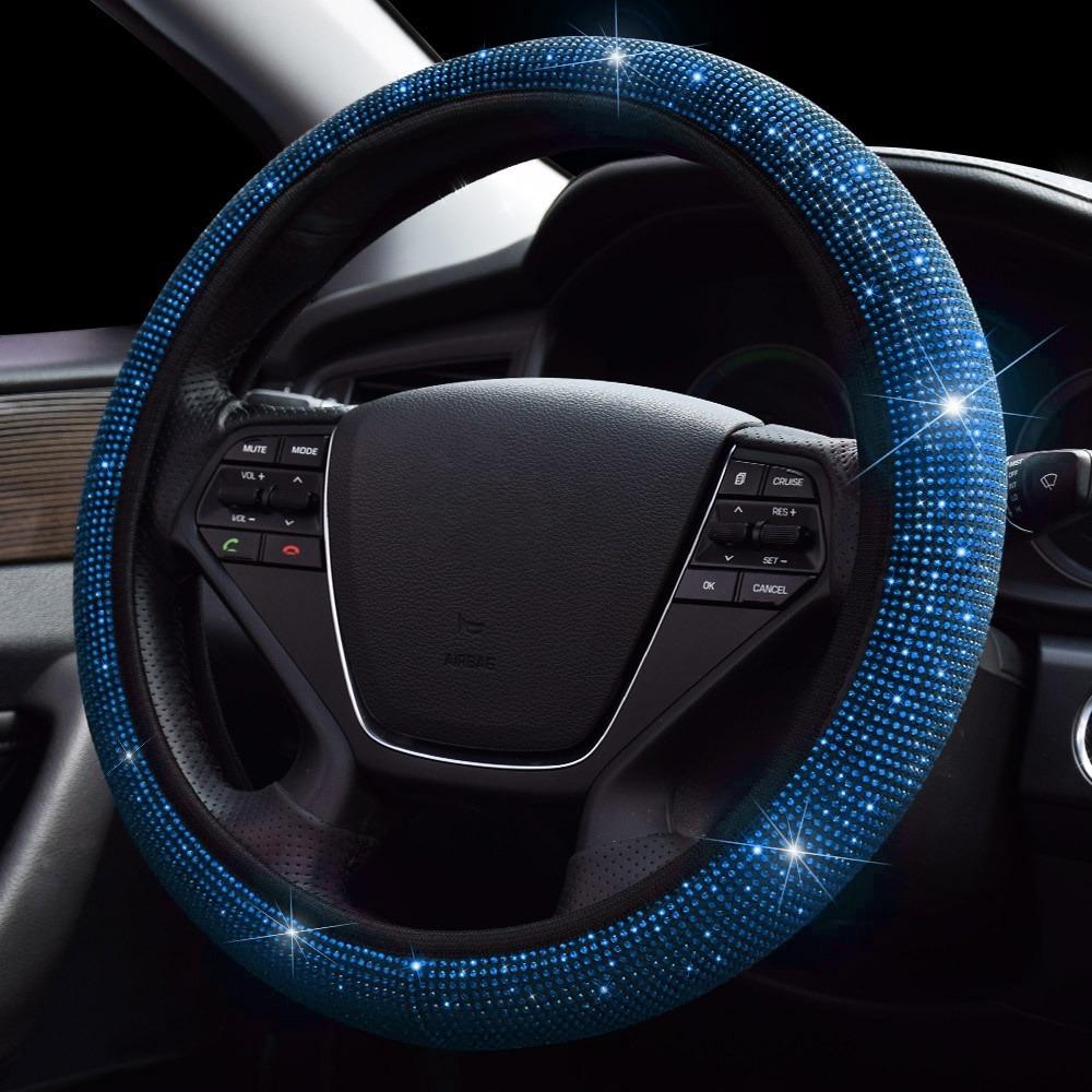 38cm Bling Rhinestones Steering Wheel Cover for Women Girl with Crystal Diamond Sparkling Car SUV Breathable Anti-Slip Universal Steering Wheel Covers