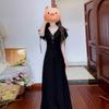 French Hepburn Style Black V-neck Dress Children's Summer 0 New Popular Beautiful Waist Beautiful Long Dress