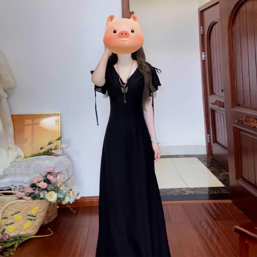 French Hepburn Style Black V-neck Dress Children's Summer 0 New Popular Beautiful Waist Beautiful Long Dress