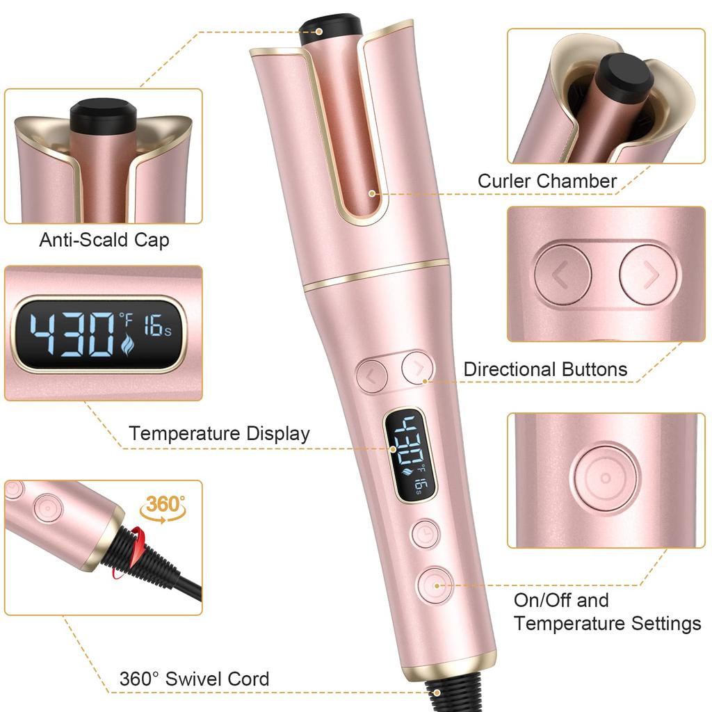 Automatic Curling Iron, Automatic Curling Wand with 4 Temperatures and 3 Timers and LCD Display, Dual Voltage Auto Shutoff Rotating Iron