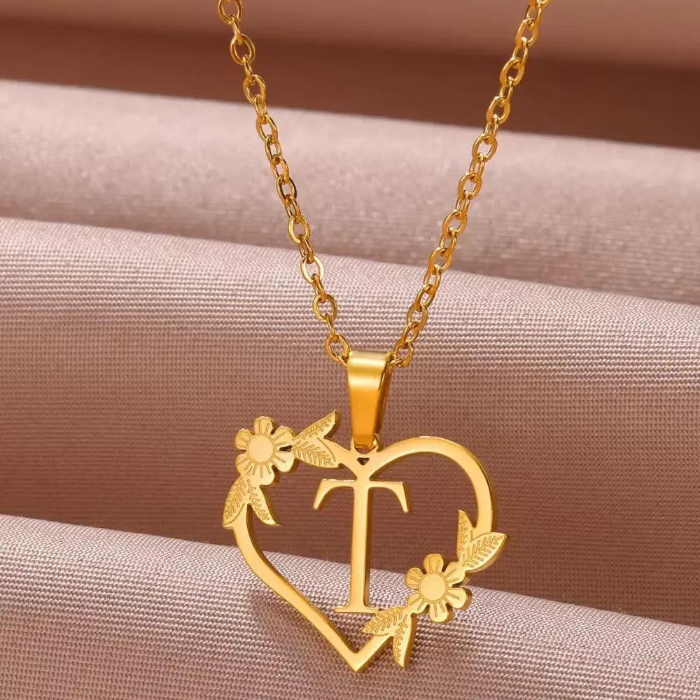 New English Alphabet Heart Pendant Gold Flower Premium Titanium Steel Gold Plated Necklace Clavicle Chain Fresh Woman