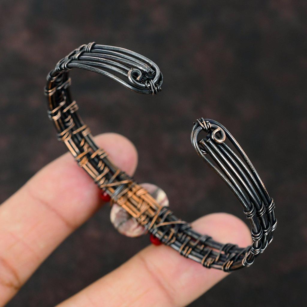 Rodokrosit Koppar Manschettarmband Röd Korall Pärlor Armring Koppartråd Inlindat Smycke Justerbar Manschettarmband Ädelstensarmring Handgjord Manschett