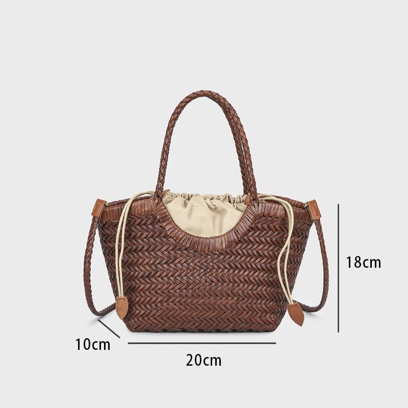 Genuine Cowhide Retro Woven Shoulder Bag, Basket Bag With Inner Pocket Beach Vacation Crossbody Bags High Quality Bucket Bag