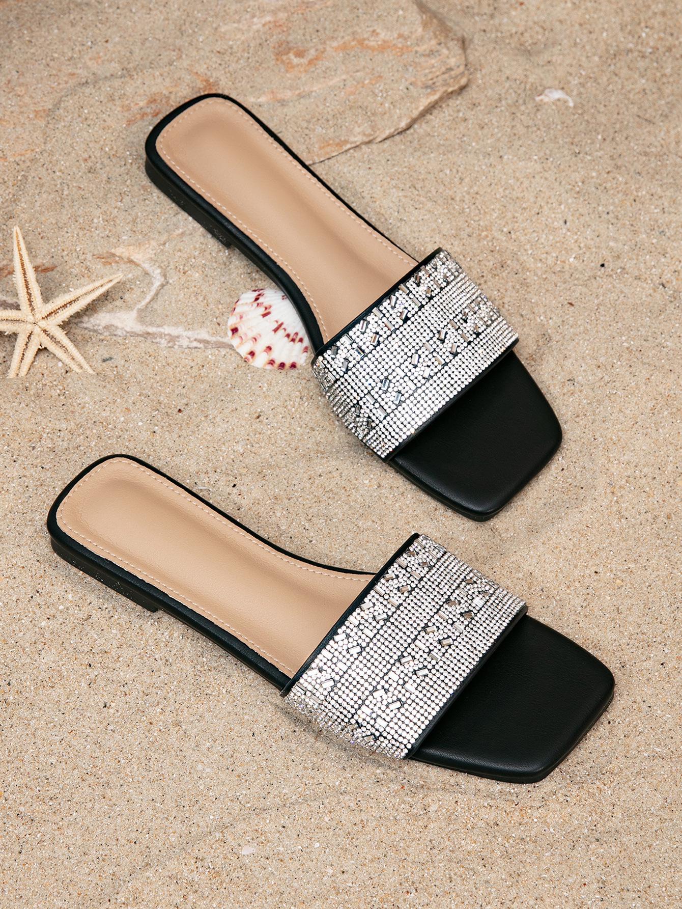 2026 Summer Rhinestone White Square Toe Women s Thong Flat Slippers for Indoor  Outdoor Use 39