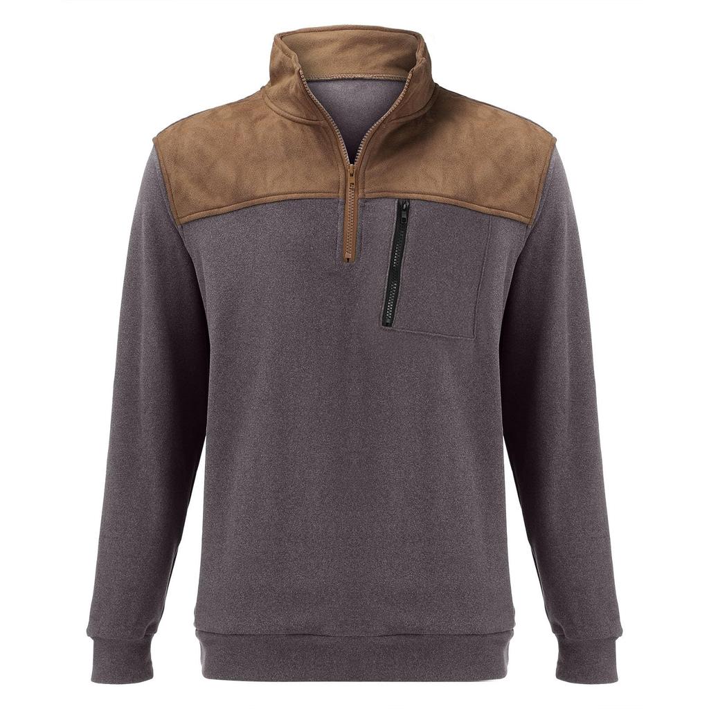 Mens Retro Fleece Sweatshirt With Pocket Color Block Slim Fit Long Sleeve Half Zip Pullover Shirt Trendy