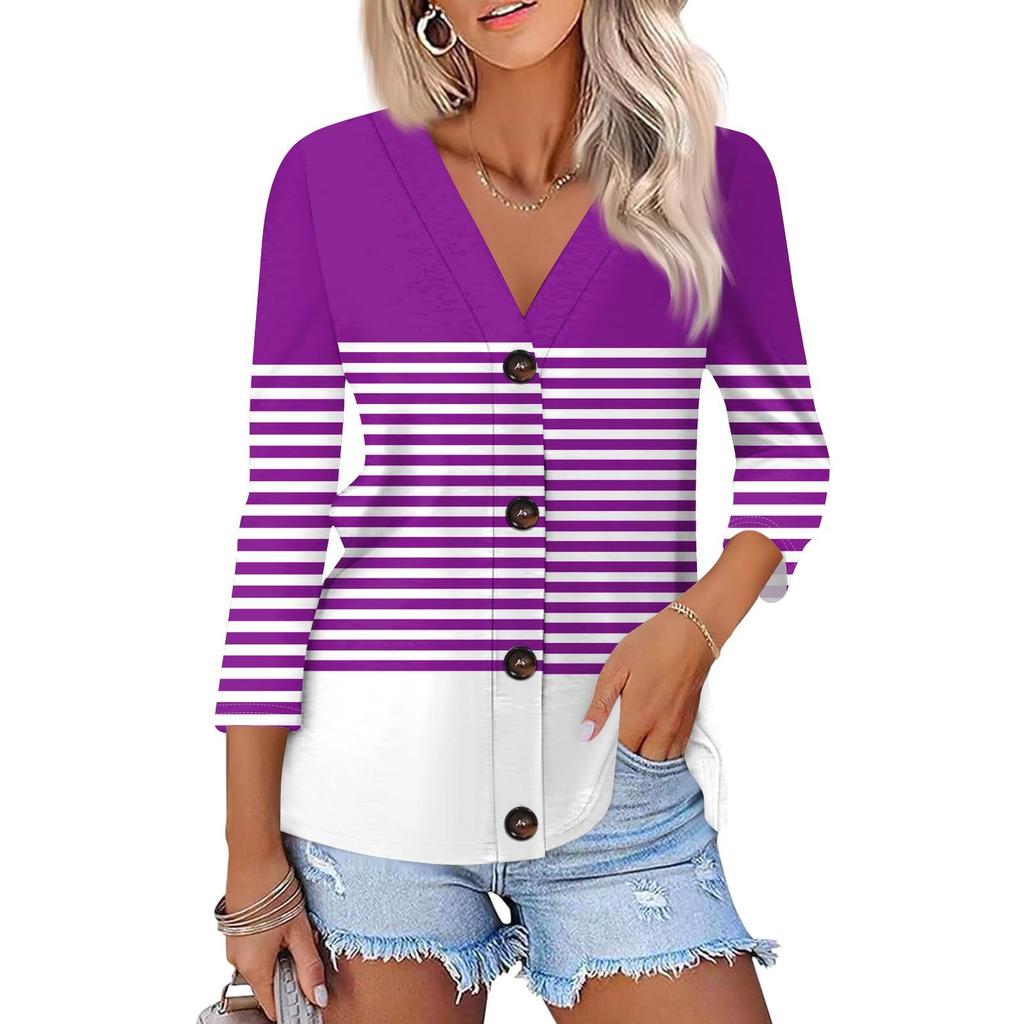 Women's Fashion Casual Printing Button-down Shirt 3/4 Long Sleeve Tops