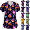 Women V Neck Short Sleeve Work Scrub Top with Pockets Halloween Skull Print Medical Uniform Shirt for Healthcare Professionals