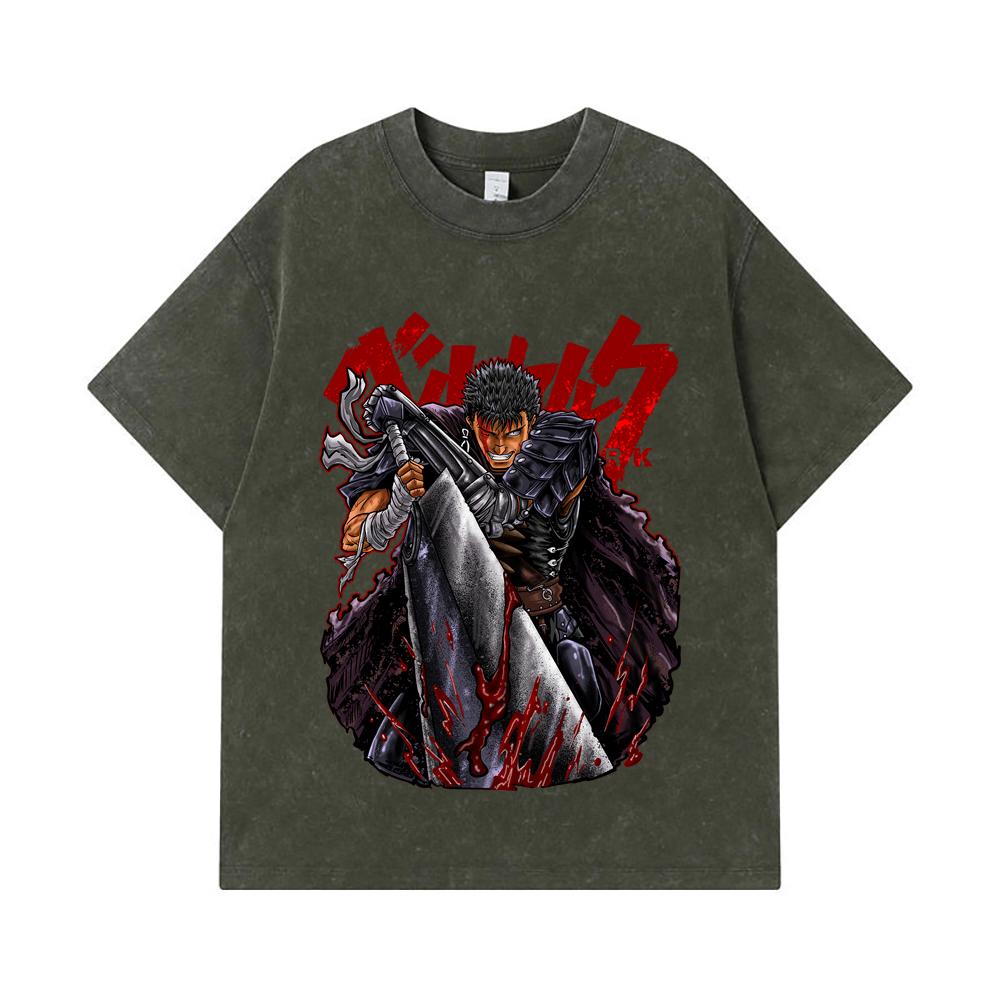 GSM Washed Tshirts Cotton Berserk V Print Unisex Heavy Cotton T Shirt