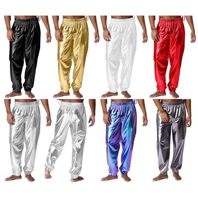 Glanzende Sportbroek voor Heren Metallic Hoge Taille Elastische Taille Losse Pasvorm Moderne Dansbroek Performance Kleding
