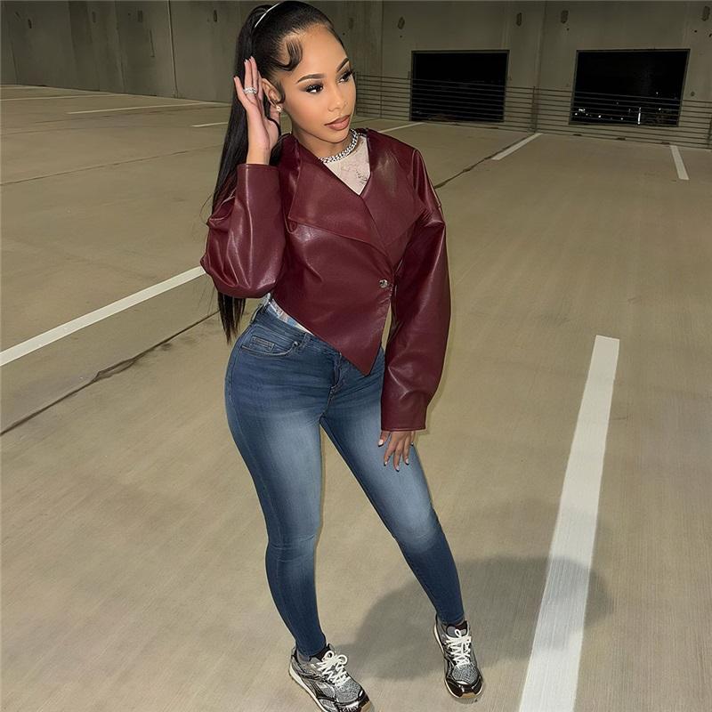 Letní dámská módní stylová vypasovaná zkrácená bunda z PU kůže jednobarevná ležérní