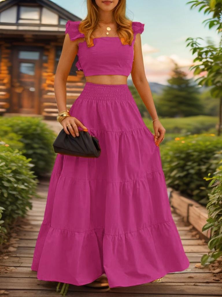 Letní nový sexy temperamentní jednobarevný maxi dvoudílný outfitový set šaty se špagetovými ramínky