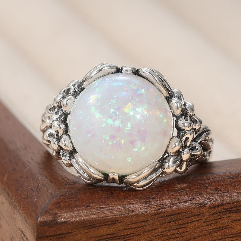 Vintage CopperColor Round Inlaid Imitation Opal Women's Ring Daily Wear Party Jewelry