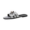 Small gold buckle silver sandals women's summer wear new retro hollow flat bottom one-word slippers casual beach shoes