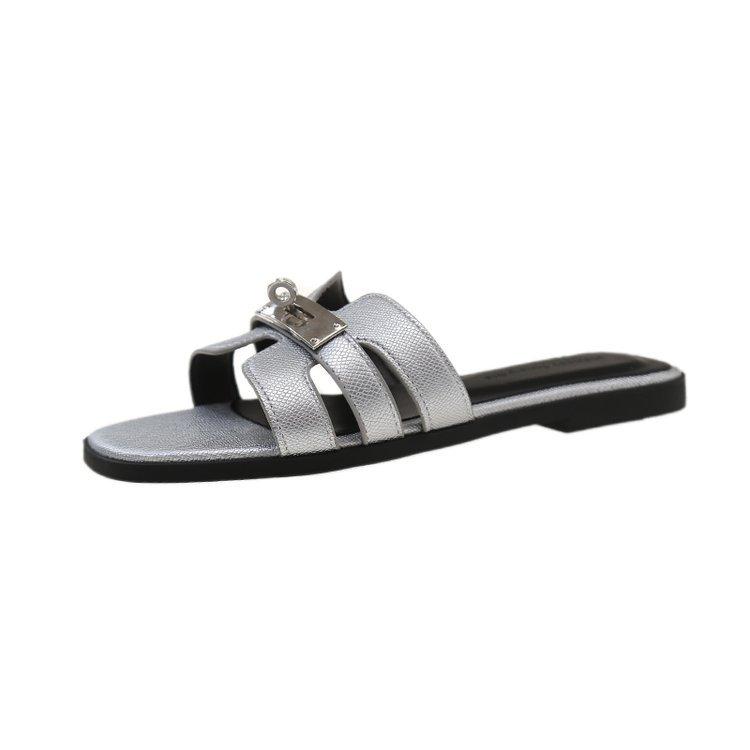 Small gold buckle silver sandals women's summer wear new retro hollow flat bottom one-word slippers casual beach shoes
