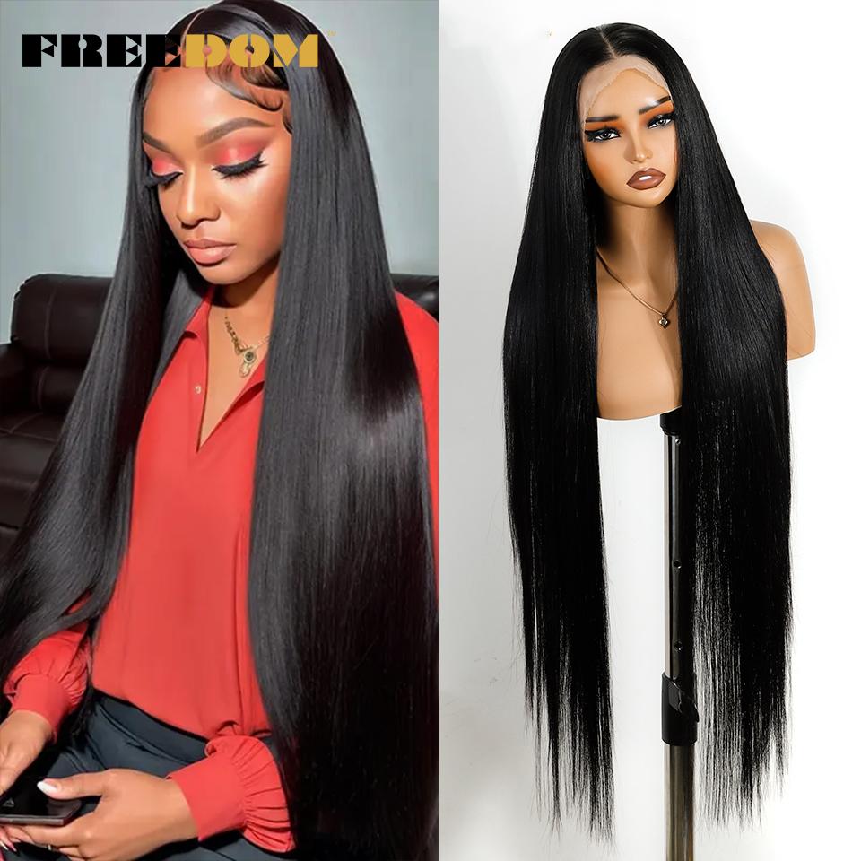 

FREEDOM Long Straight Synthetic Lace Front Wigs For Women 38 Inch Soft 13X4 Free Part Black Hair Lace Frontal Wig Pre Plucked (as the picture,38inches&Lace Front Wigs)