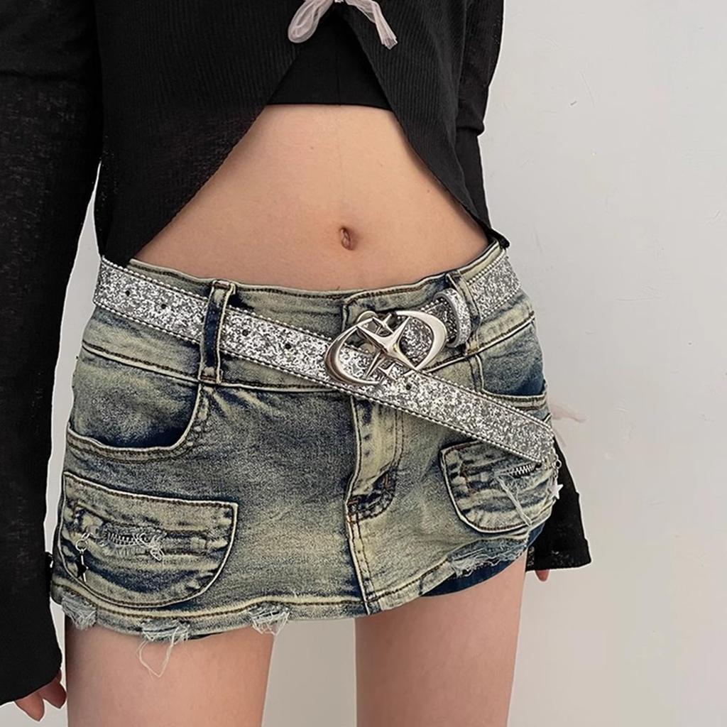 Bling Bling Gal Silver [Lamerry] Belt, Sparkly, Y2K, Belt, Glitter, Rhinestones, Flashy, Studs, 104cm, Women's, Men's,