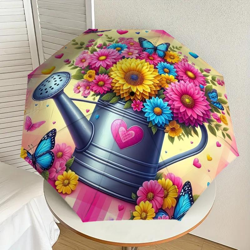 

1pc Floral Watering Can with Hearts and Butterflies Umbrella with Plastic Handle,Suitable for All Seasons Home Travel Outdoor UmbrellaDD1731