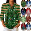 Women's Casual Christmas Print Button-Front 3/4 Sleeve Collared Blouse Top for Holiday Party