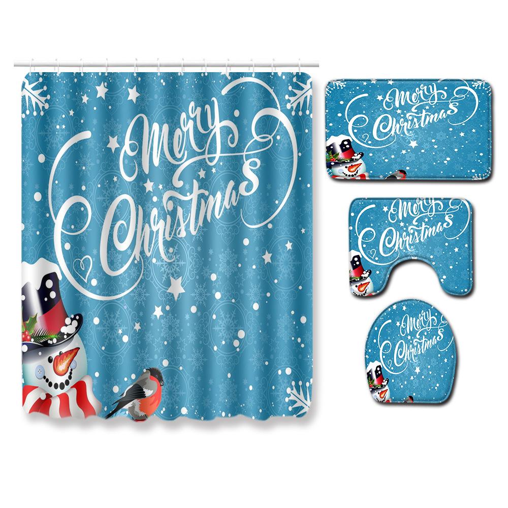 Christmas Shower Curtain Floor Mat Combination Four-Piece Set Bathroom Toilet Carpet Shower Room Mat Foot Mat