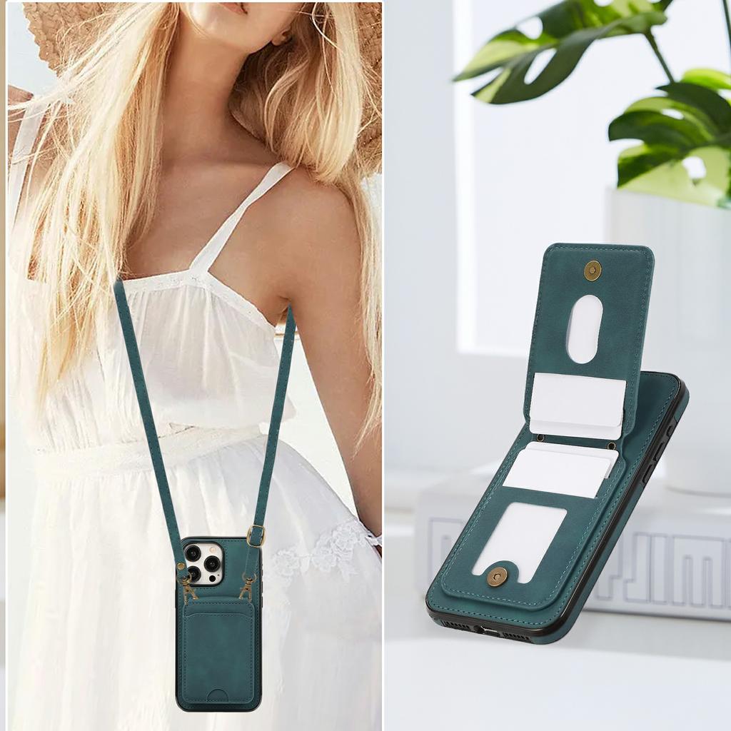 For iPhone 16 Pro Max Case Card Holder Kickstand Leather + TPU Phone Cover with Shoulder Strap