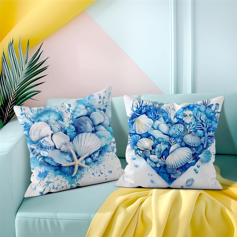 Short Plush Material Pillowcasehome Decor Seashells And Starfish Heart-Shaped Cushion Design Pattern Cushion Cover Suitable For